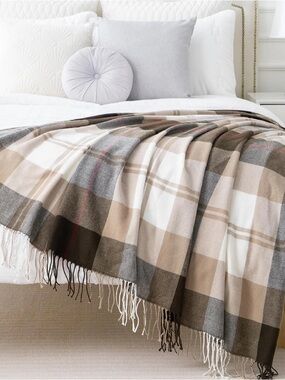 Plaid Fringe Throw Blanket in Beige and Brown by